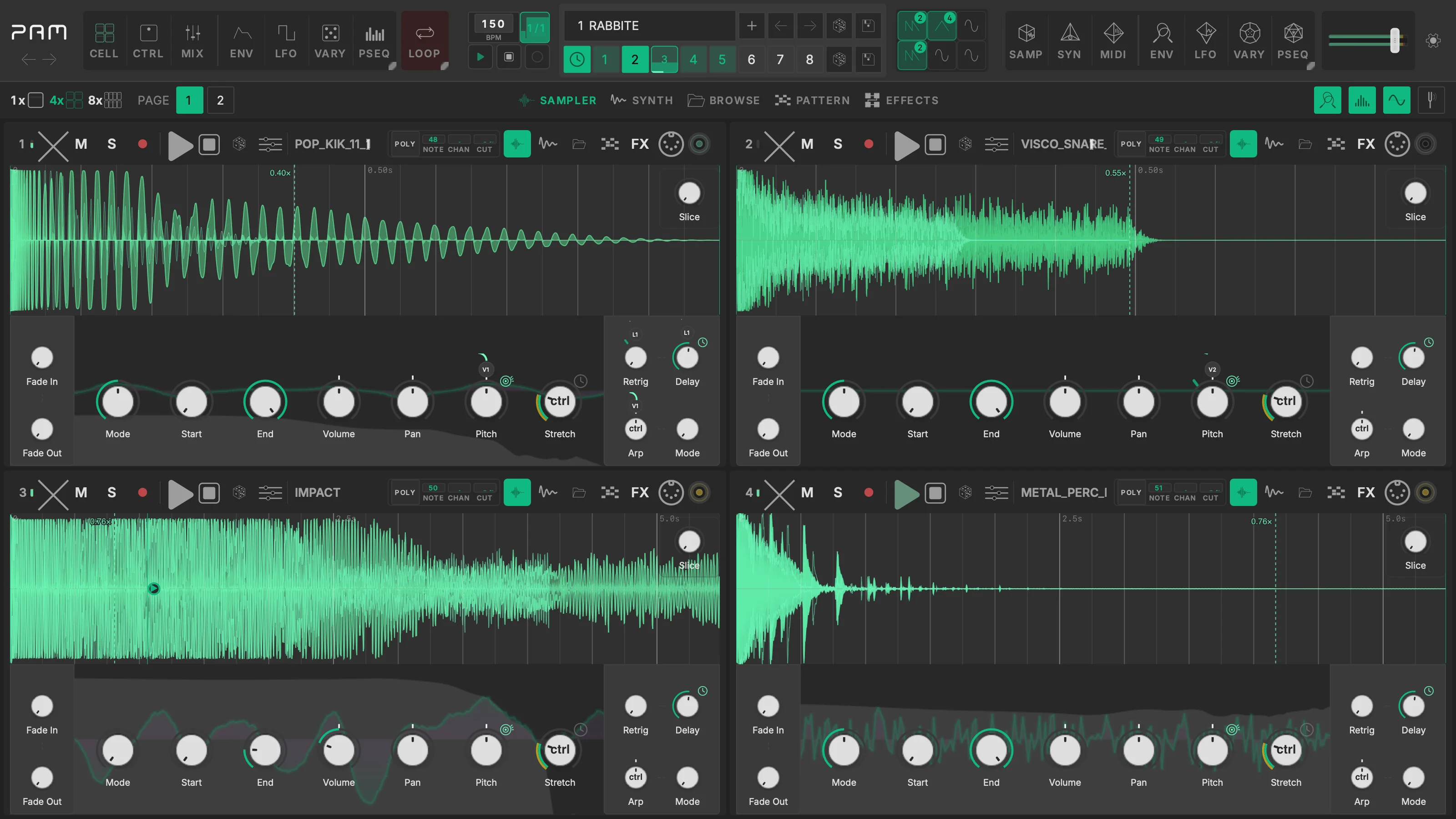 PAM in four-cell view with samples and pattern sequencers